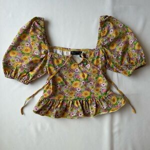 ASOS Multicolor Floral Puff Sleeve Cropped Ruffle Blouse
